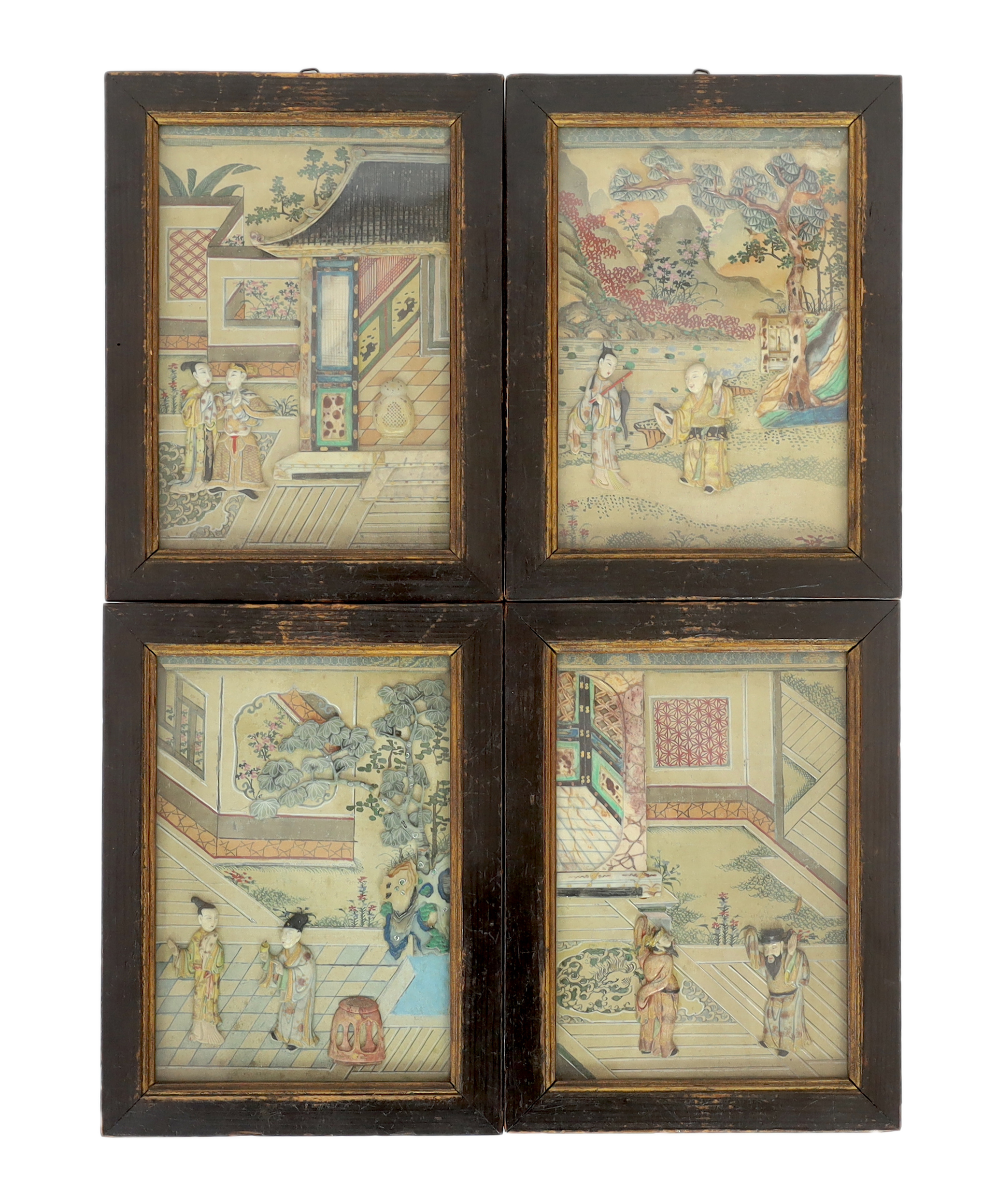 A rare set of four Chinese polychrome soapstone appliqué work painted silk pictures, 18th century